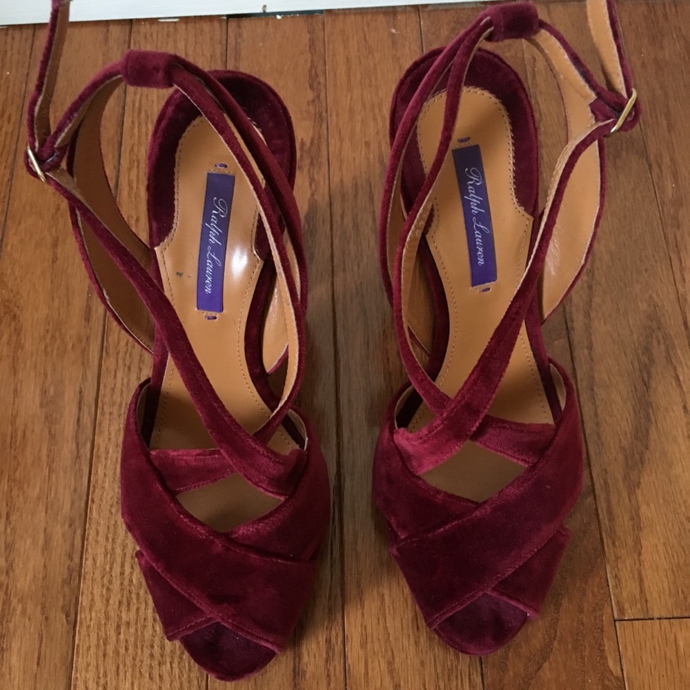 Red velvet open toe heels